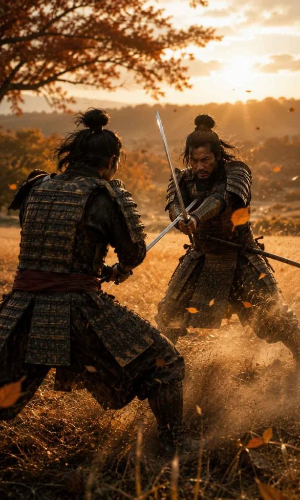 Two historical samurai engaged in an intense katana duel