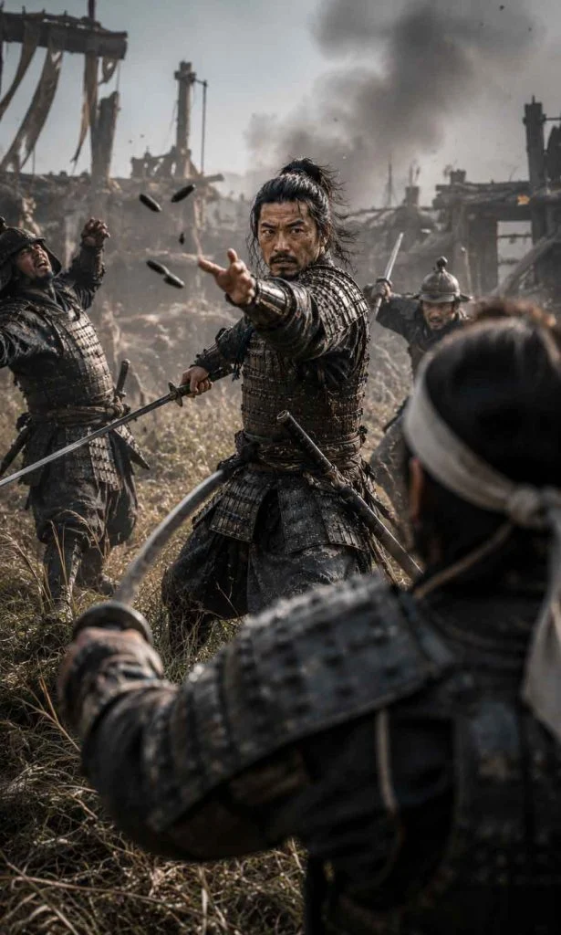 Samurai using kunai to escape being surrounded during battle