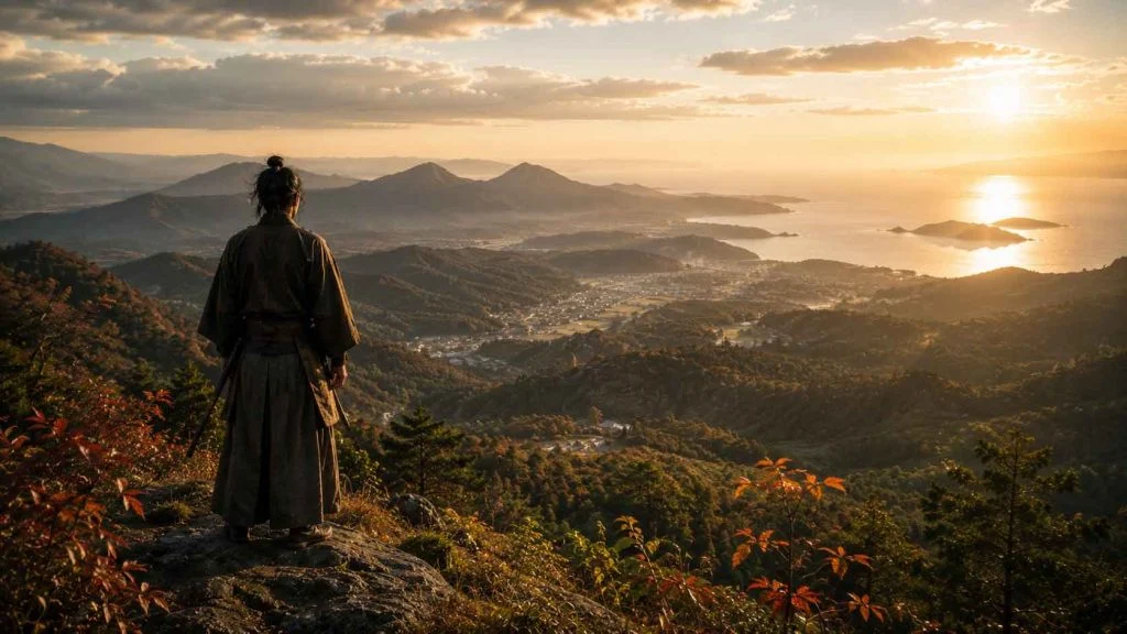 Samurai overlooking mountains and coastline at sunrise