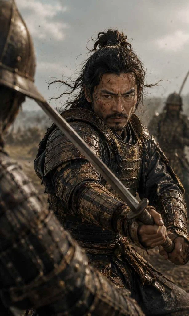 Armoured samurai performing a precise defensive counter during a close sword fight