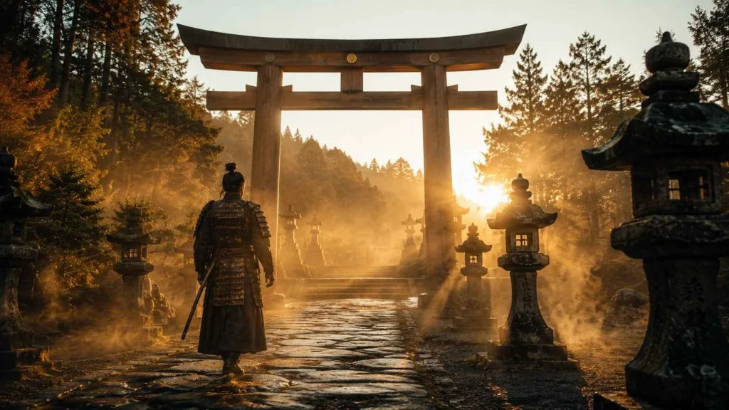 Historical samurai approaching a sacred torii gate at sunrise