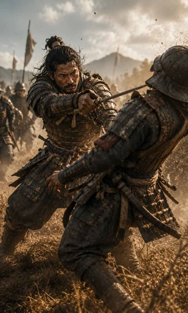 Samurai warrior breaking an enemy guard during aggressive melee combat