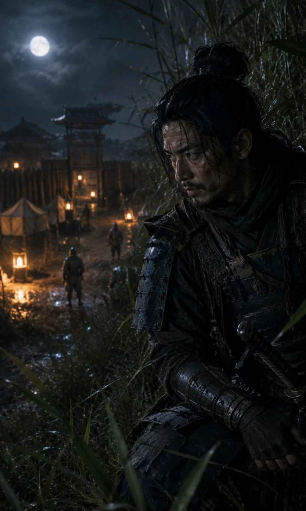 Stealth-focused samurai observing enemy guards before infiltrating a fortified camp