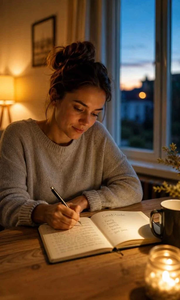 Person writing a gratitude list in a notebook during the evening.