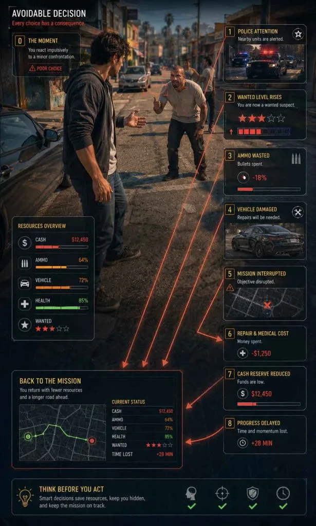 Chain reaction showing how common beginner mistakes slow progress in an open-world game