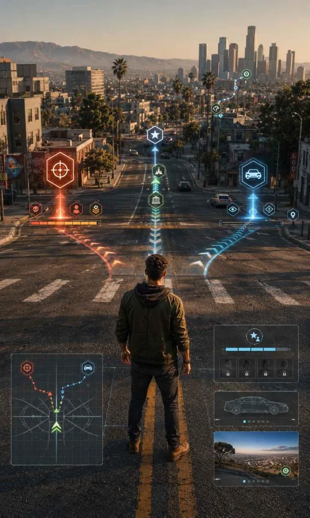 Beginner open-world player comparing story missions with early city exploration