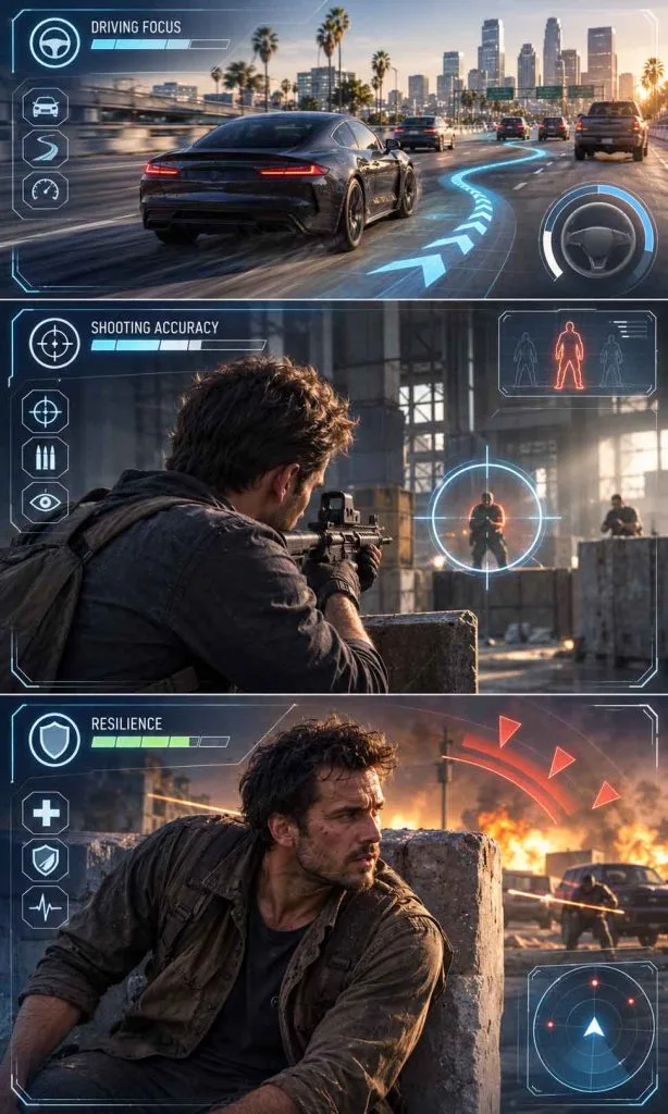 Comparison of driving shooting and combat abilities for open-world game beginners
