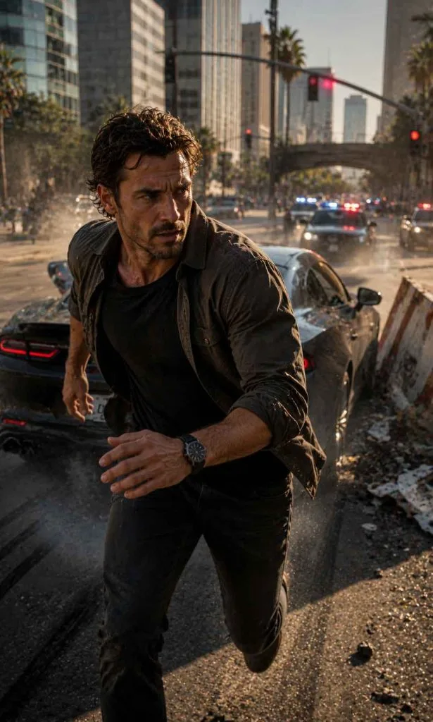 Fictional action hero urgently moving between vehicles during a chaotic urban escape