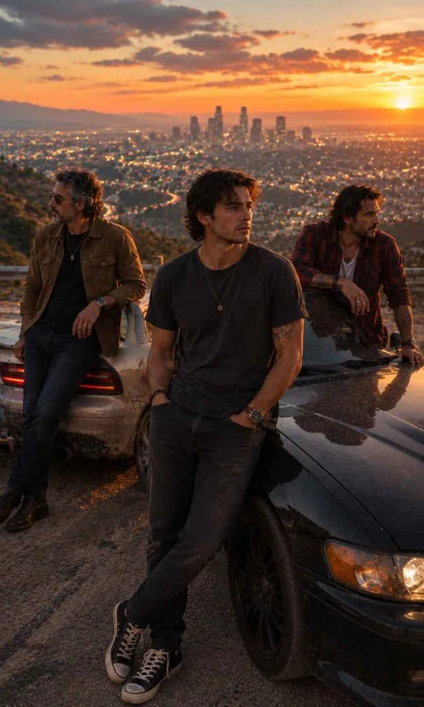 Three original fictional companions standing beside their cars above a sprawling city at sunset