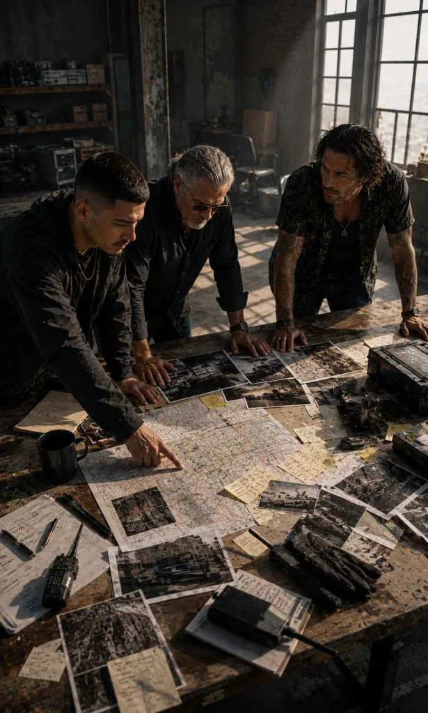 Three fictional criminals planning a complex operation using maps photographs and equipment