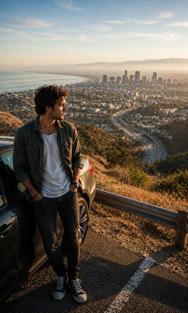 Original fictional driver stopping at a scenic overlook above a vast coastal city
