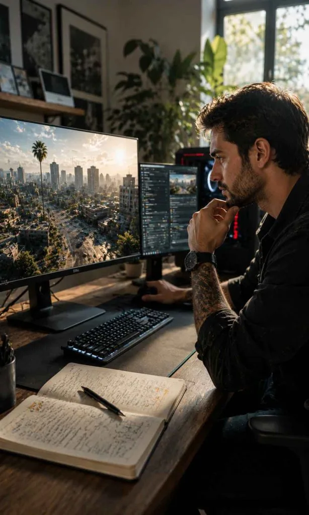 Adult PC gamer comparing visual modifications on a high-performance gaming setup