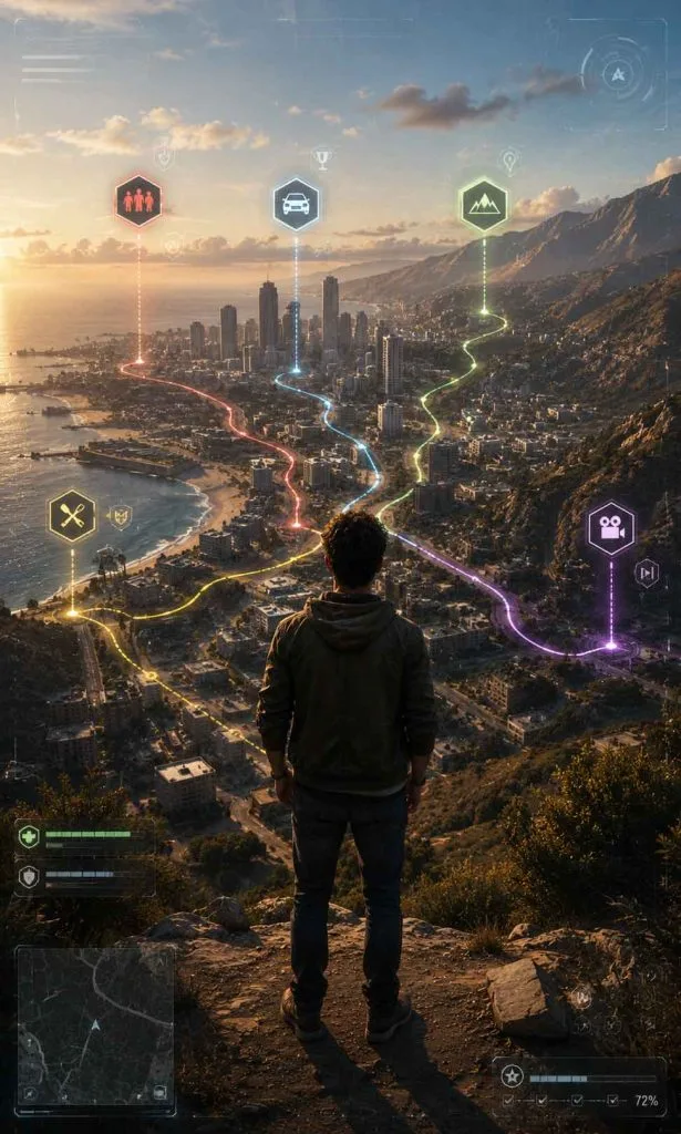 Open-world player choosing personal goals including story exploration driving and collecting