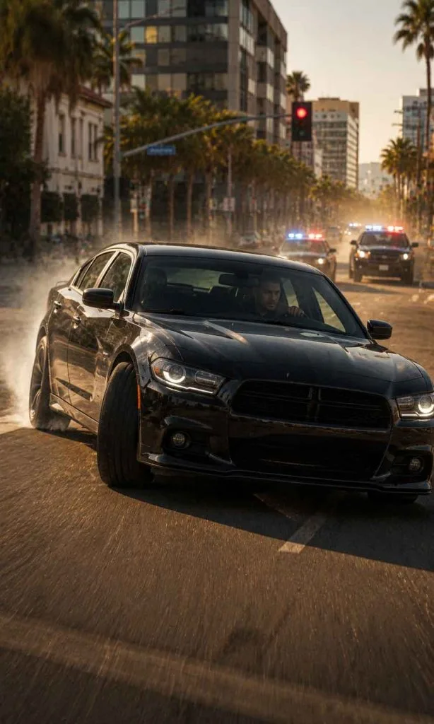 Fictional driver making a sharp turn through city streets while escaping a police pursuit