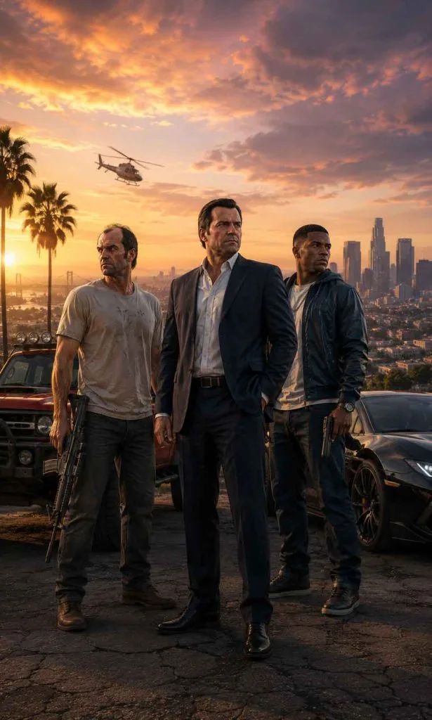 The three GTA 5 protagonists preparing for another mission together