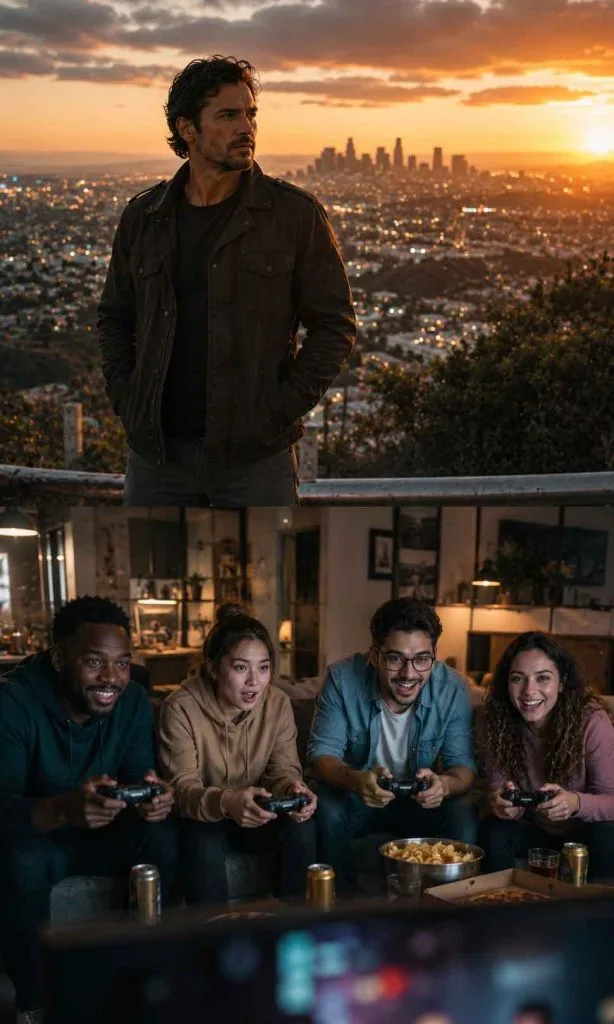 Split editorial scene contrasting a cinematic single-player crime story with a multiplayer gaming group