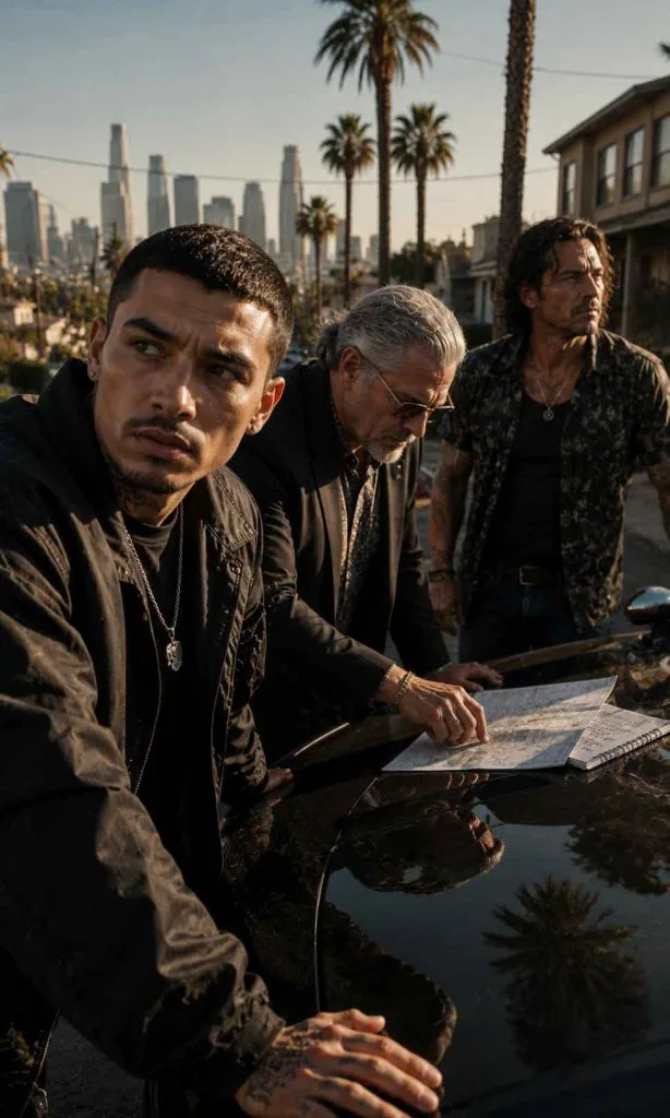 Three original fictional criminals with contrasting personalities planning their next move in a modern city