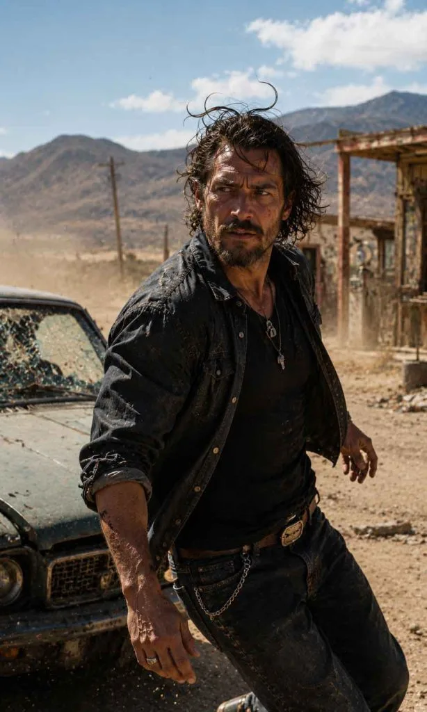 Original rugged outlaw reacting intensely beside a damaged vehicle in a desert roadside setting