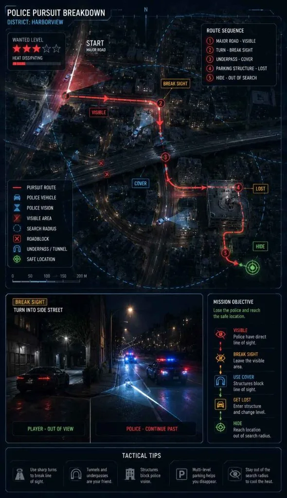 Open-world police escape route showing how to break line of sight