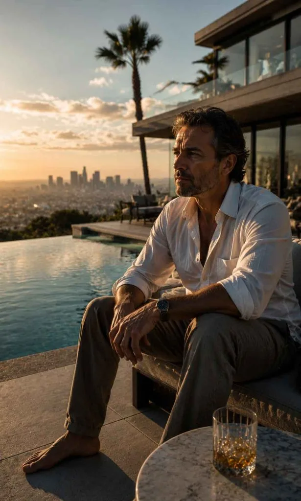 Older fictional man sitting alone beside a luxury home despite achieving financial success
