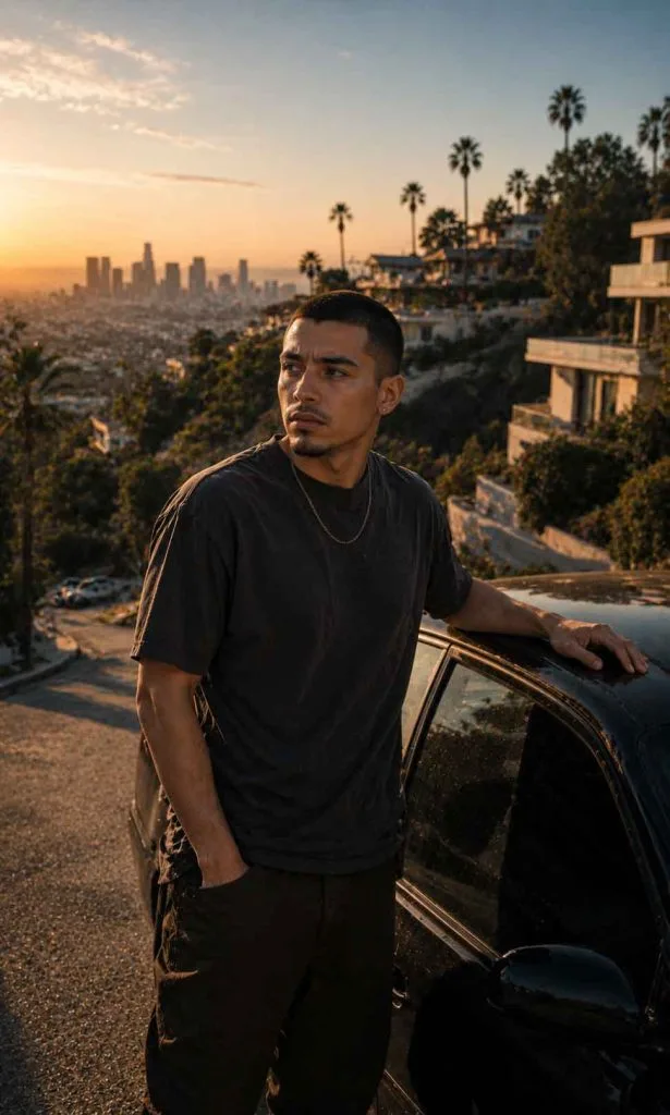 Young fictional man looking across a wealthy hillside city neighbourhood while considering a different future