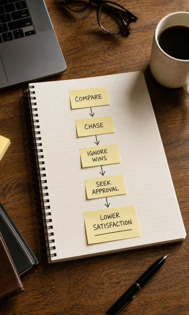 Desk workspace illustrating common habits that reduce long-term satisfaction.