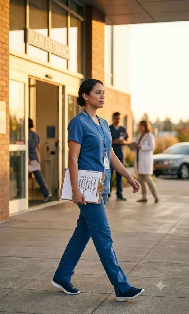Healthcare professional walking confidently towards a modern hospital at sunrise.