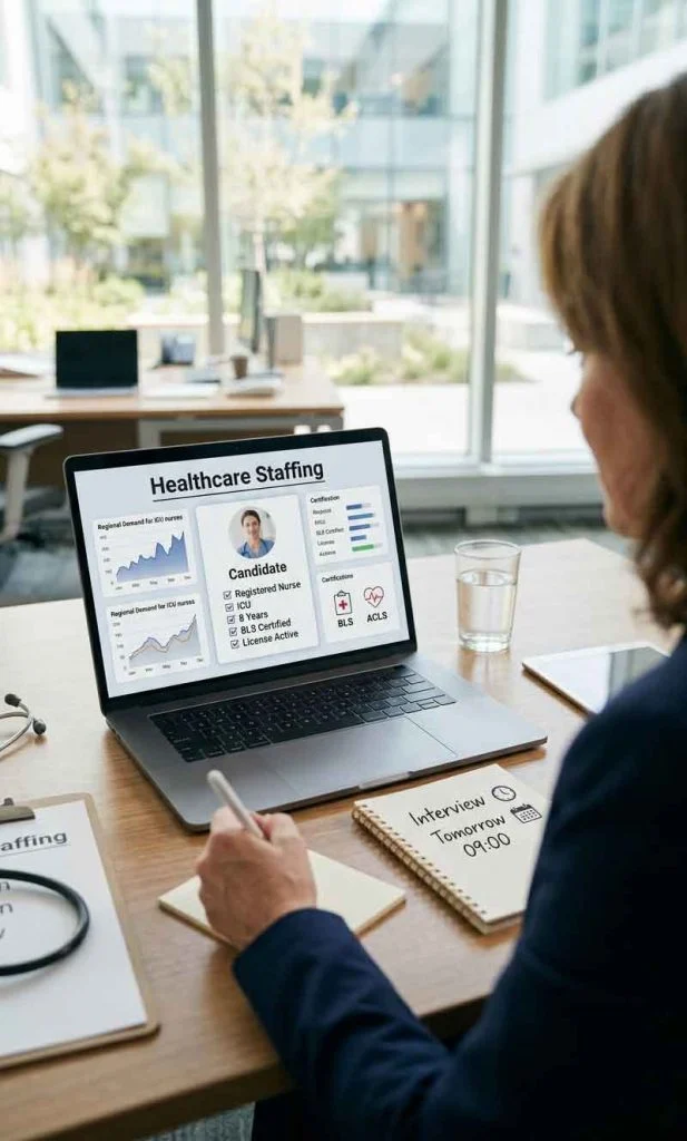 Recruiter reviewing healthcare candidate profile on a laptop from an over-the-shoulder perspective.