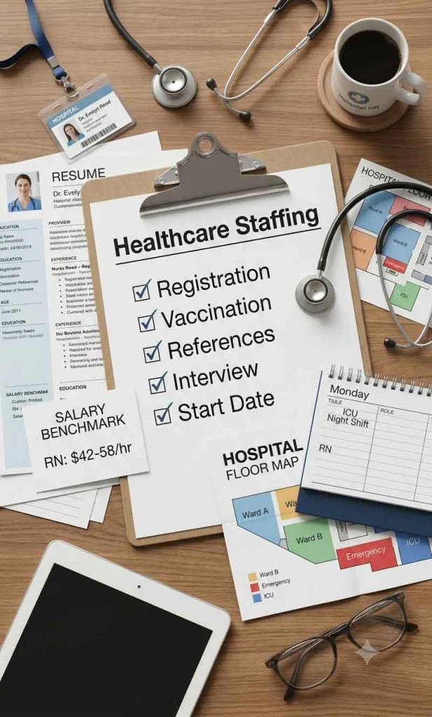 Healthcare recruitment planning desk with resume, hospital ID badge, stethoscope and staffing checklist.