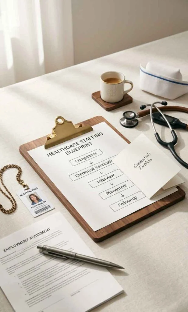 Healthcare staffing blueprint surrounded by medical recruitment tools.