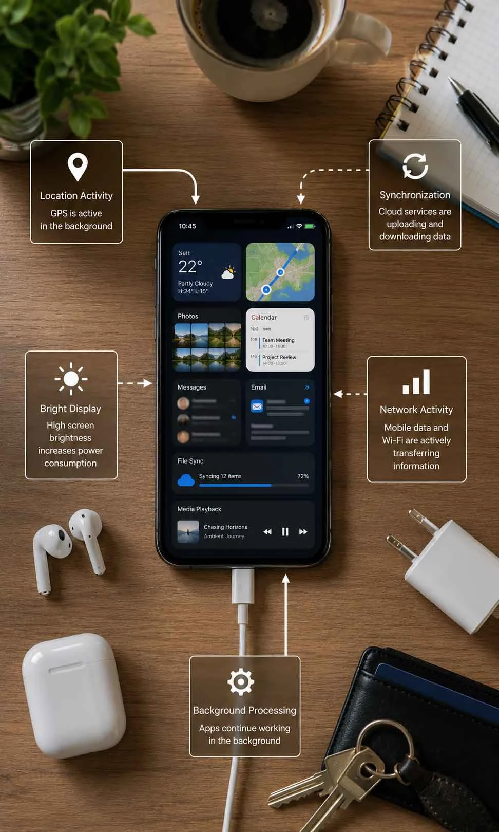 Smartphone with multiple background activities causing rapid battery drain despite good battery health