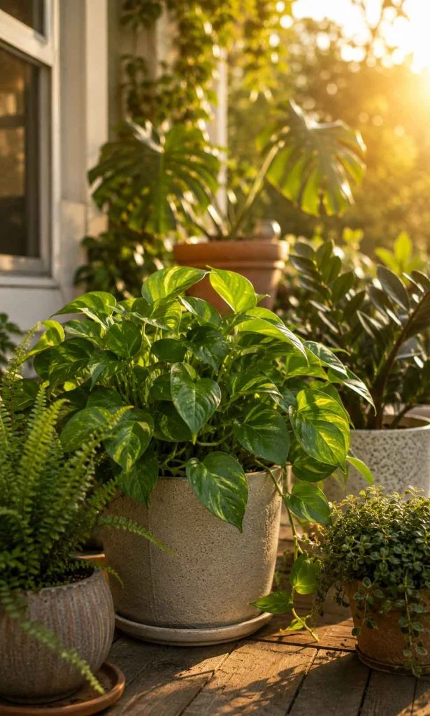 Healthy thriving potted plants after improving drainage