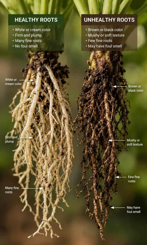 Healthy roots compared with damaged roots