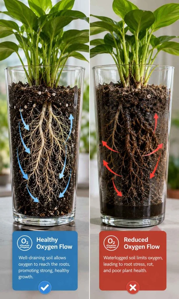 Healthy white roots compared with dark waterlogged roots