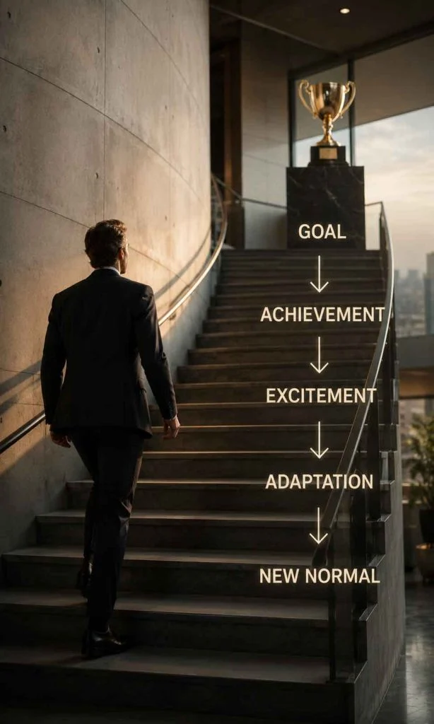 Professional climbing stairs toward a trophy illustrating how excitement naturally fades after success.