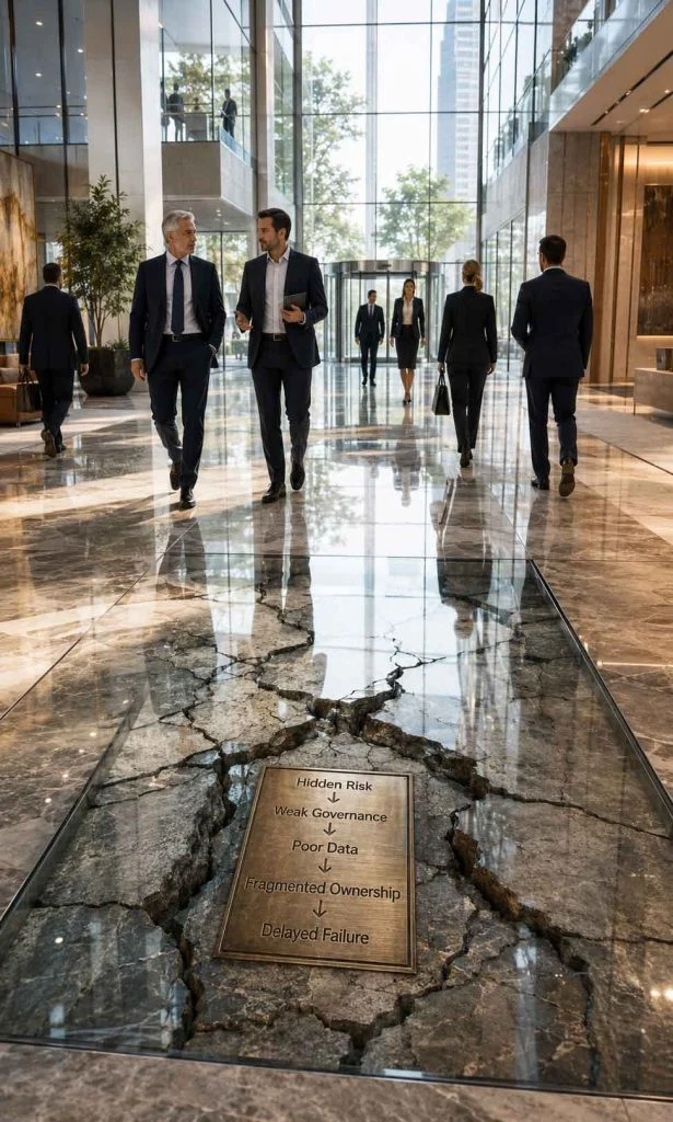 Corporate executives walking above hidden structural cracks representing AI governance risks