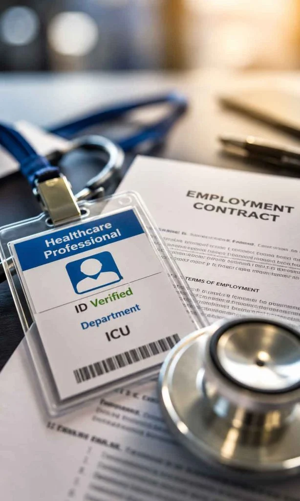 Close-up of hospital ID badge beside employment contract and stethoscope.