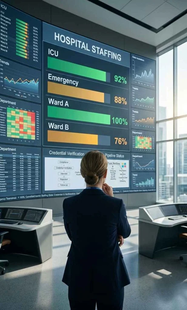 Healthcare workforce command centre displaying staffing analytics.