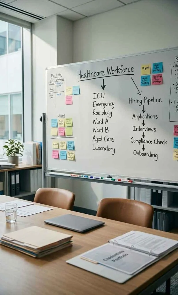 Healthcare workforce planning wall with recruitment strategy and department staffing.