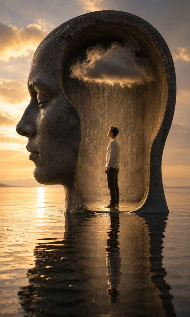 Man standing calmly while a rain cloud forms only above her head