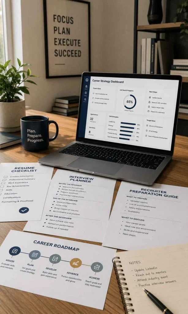 Career planning workspace displaying resume checklist, recruiter preparation guide, interview planner, and job search strategy documents.