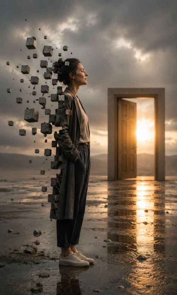 Woman partially dissolving into geometric architectural forms while a doorway opens toward light