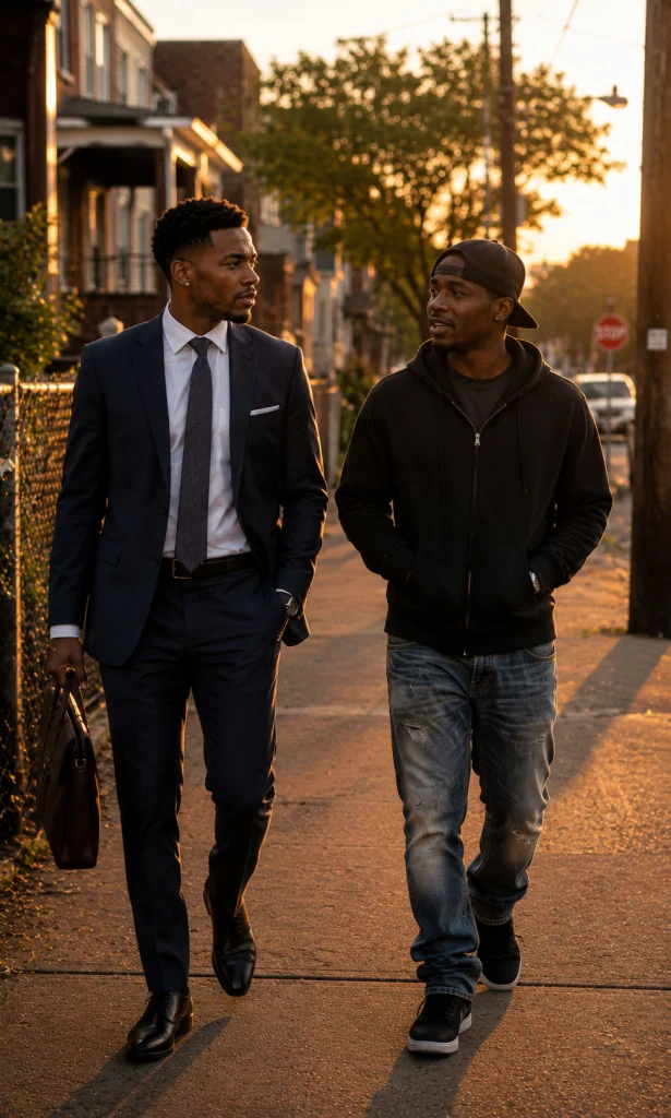 Two longtime friends walking together through a neighbourhood