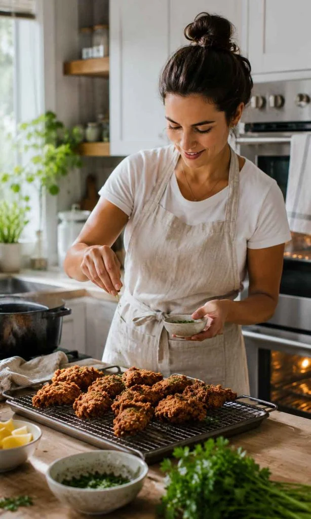 Home cook confidently preparing crispy food in a modern kitchen