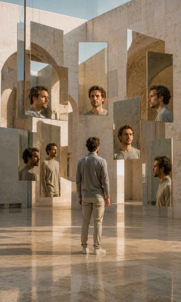 Adult standing peacefully among floating architectural mirrors representing changing emotional identity