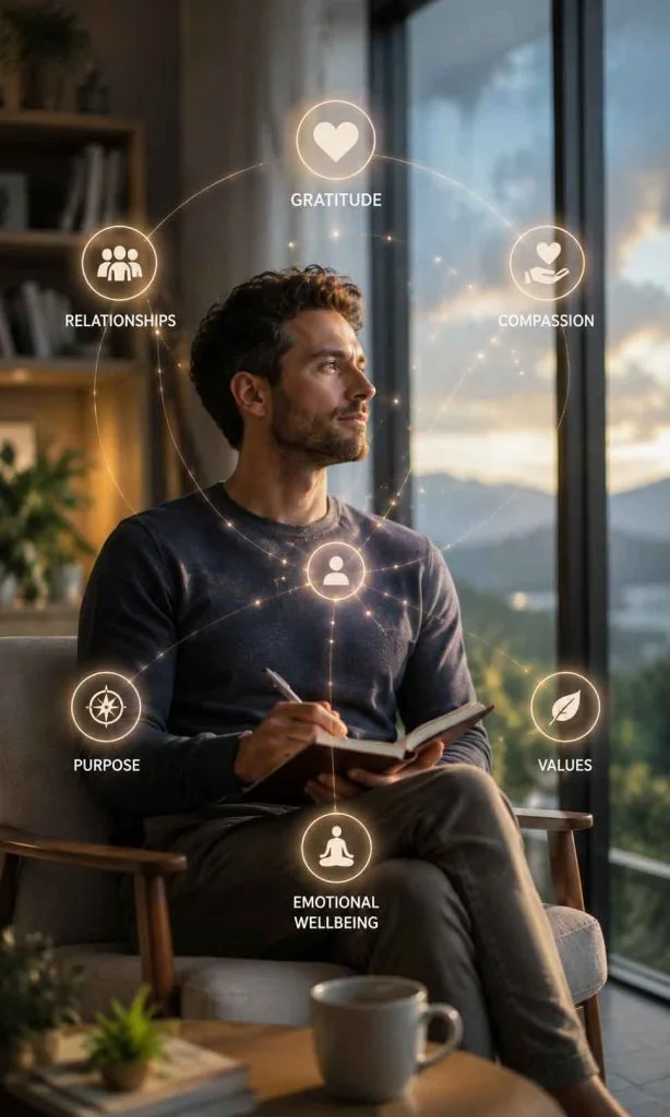 Person reflecting quietly while surrounded by symbolic representations of purpose and gratitude