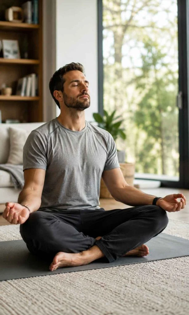 Man practising quiet morning meditation in a peaceful home.