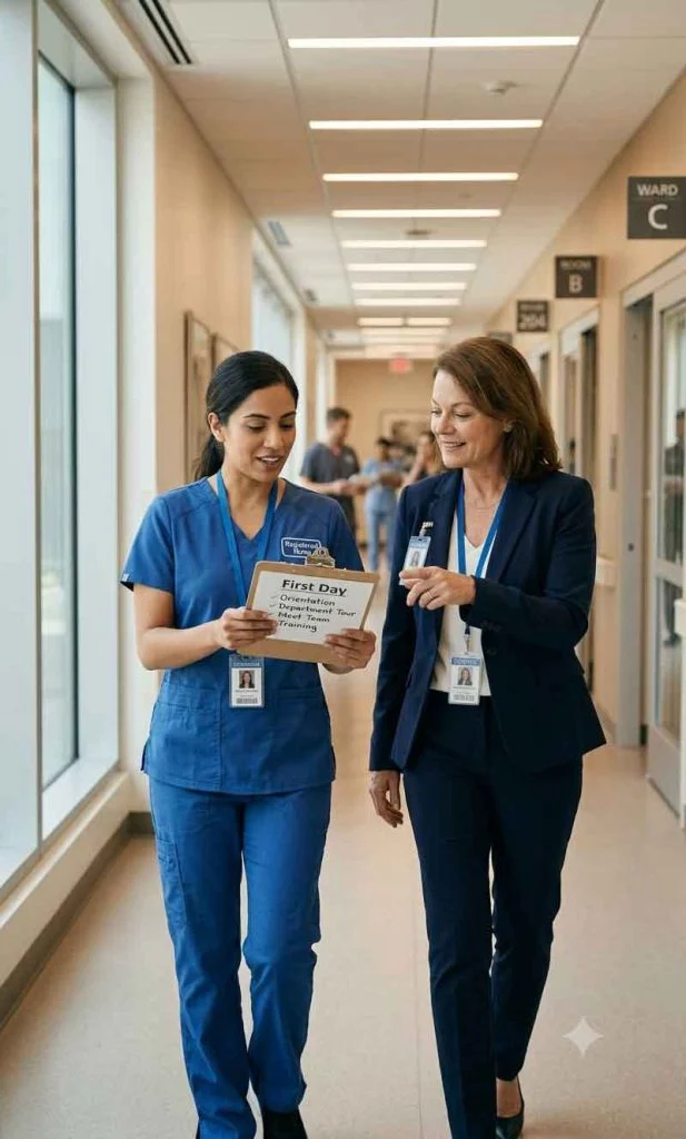 Recruiter walking with a newly hired healthcare professional during hospital onboarding.