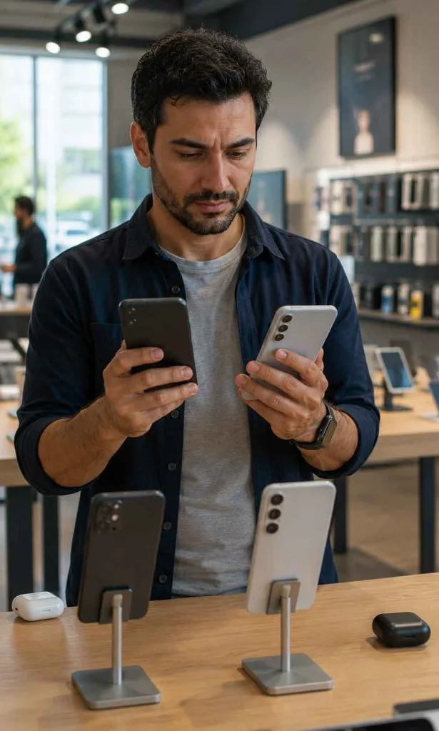 Smartphone buyer comparing a new model with a discounted previous-generation phone