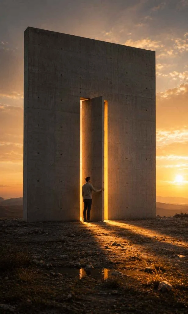 Person opening a glowing doorway hidden inside a massive stone wall symbolizing recovery from severe depression